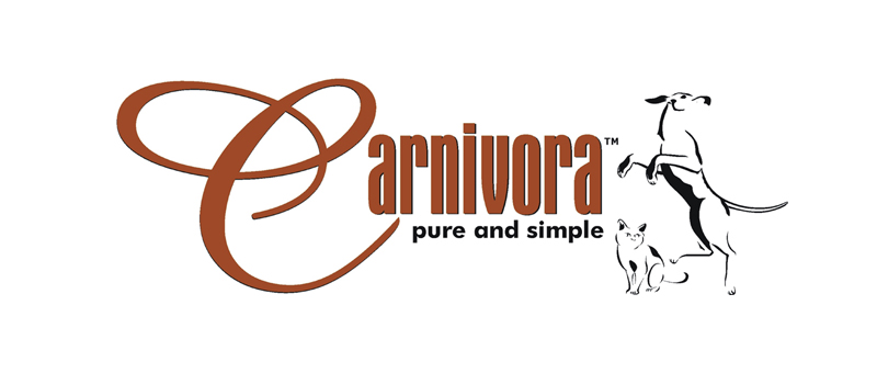 The Carnivora logo with light brown cursive writing and black bold writing, with an illustrated dog and cat to the right over a white background, a raw cat food diet brand sold at Bone & Biscuit
