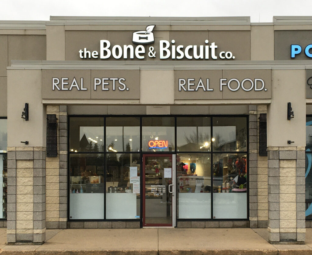 The storefront of the Edmonton pet store Bone & Biscuit Magrath in Terwillegar