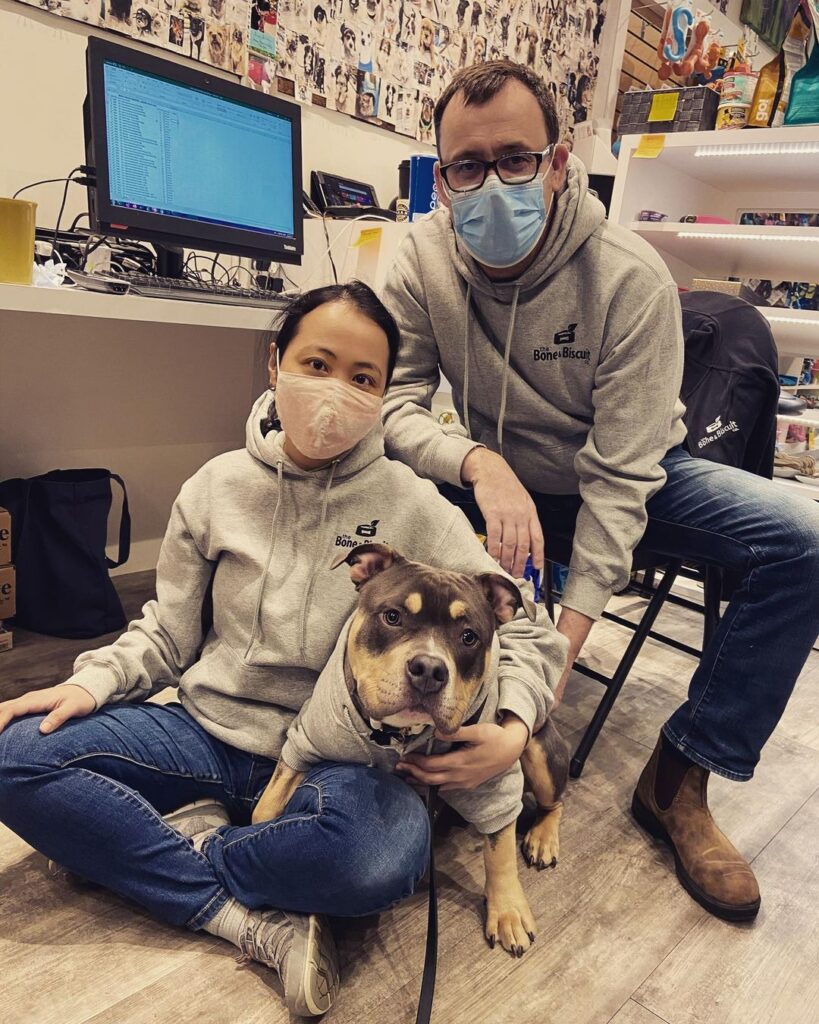 Man and woman in office wearing jeans and grey sweatshirts with a pit bull dog in the woman's lap.
