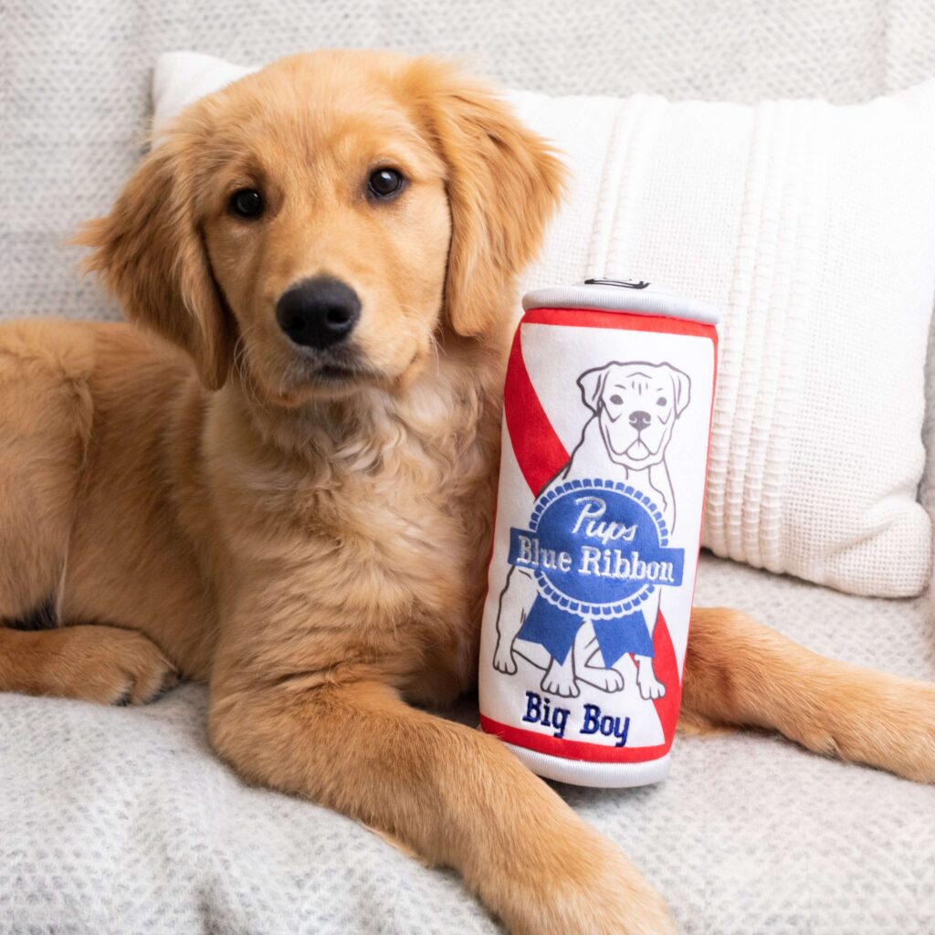 Golden retriever sits with a Huxley & Kent beer can dog toy