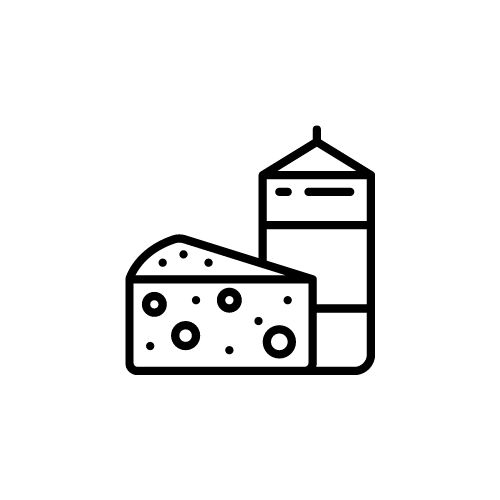 A black and white symbol of milk and cheese, or dairy products, on a white background