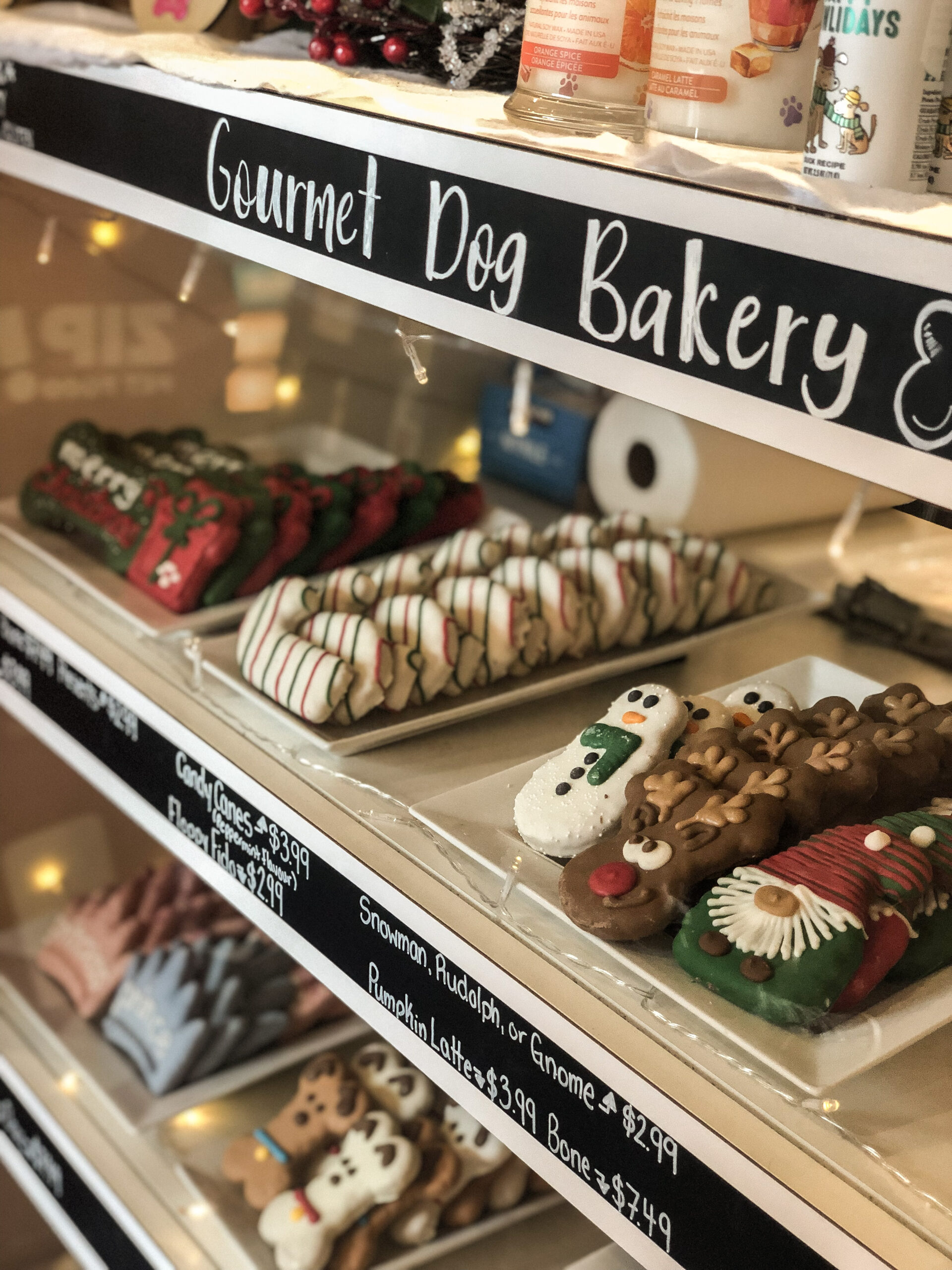 The window of the Bone & Biscuit Leduc bakery display case, displaying a variety of Christmas themed dog cookies and baked items.