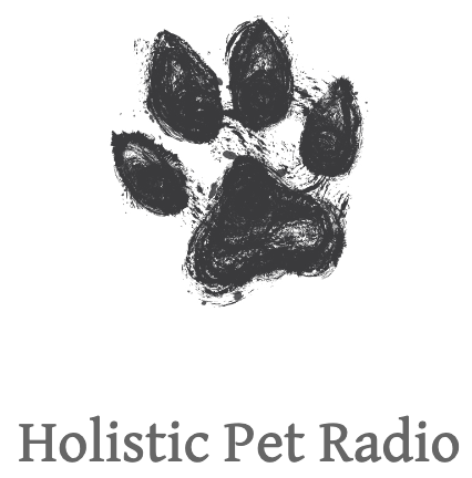An illustrated paw print logo with the words Holistic Pet Radio underneath it, Amanda Sarvas', the owner of Bone & Biscuit Leduc, pet health podcast and blog.