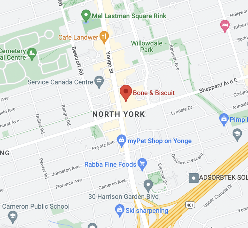 The Google Maps view of Bone & Biscuit Yonge Sheppard's location in North York Ontario.