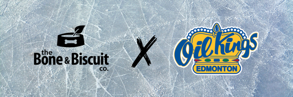 Bone & Biscuit and the Edmonton Oil Kings sponsorship logos, with a scratched up ice rink surface as background and their two logos on either side.
