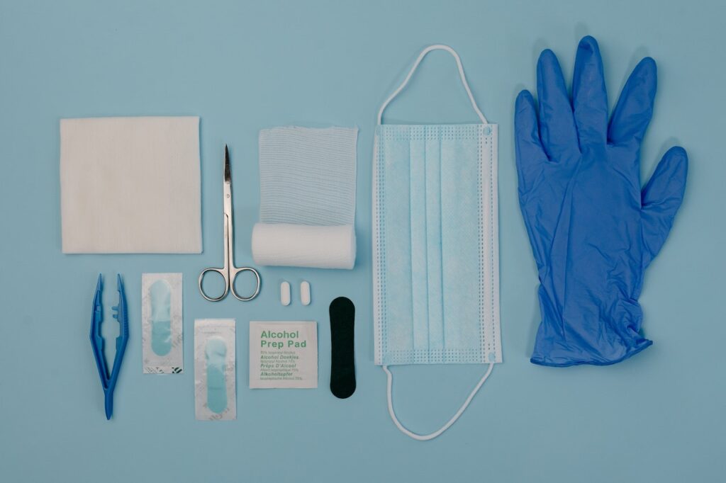 Equipment for a first aid kit. National Pet First Aid Awareness Month