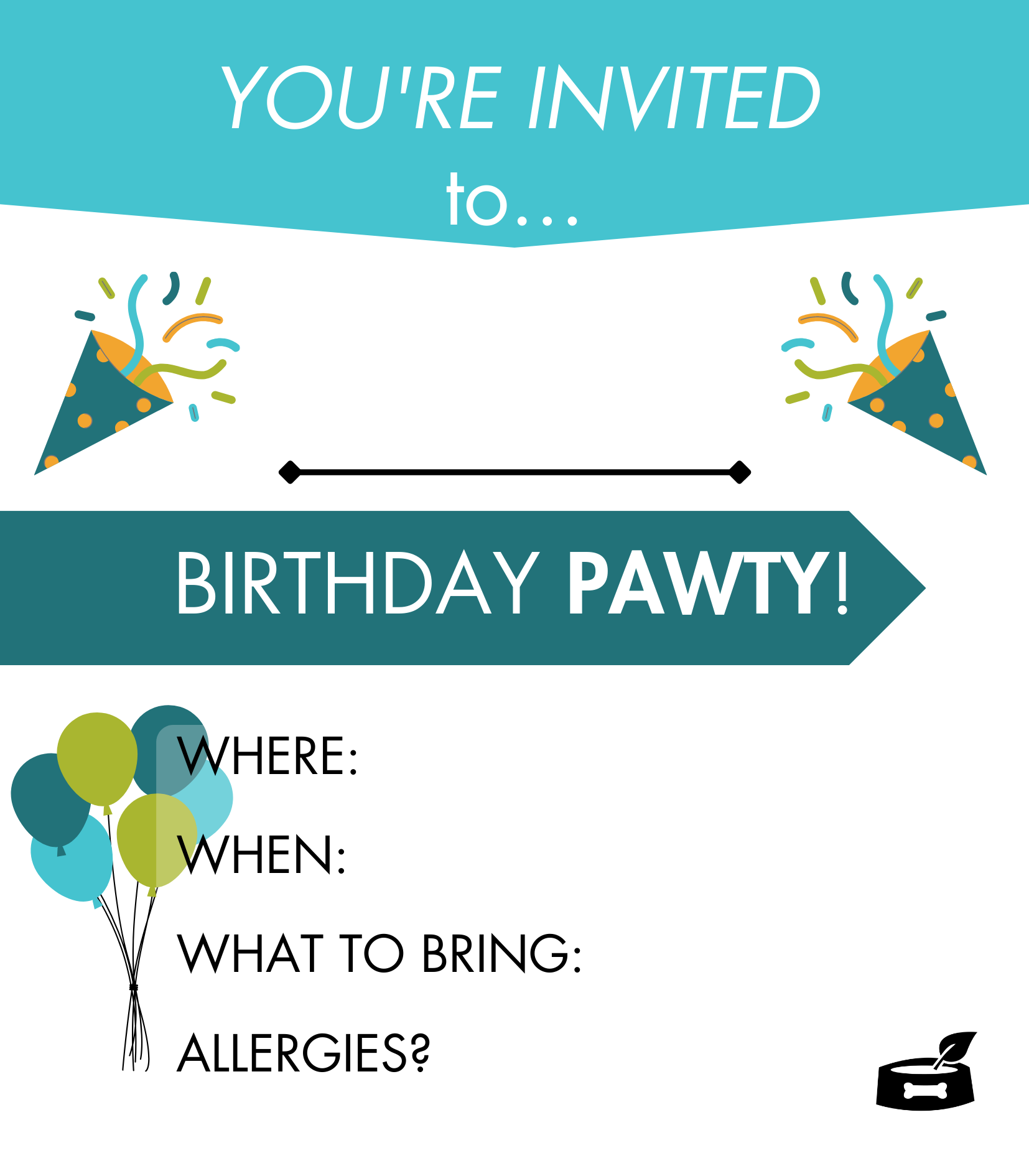 The Bone & Biscuit dog birthday party invite example with fun birthday graphics of balloons and confetti and with light blue and teal colours.