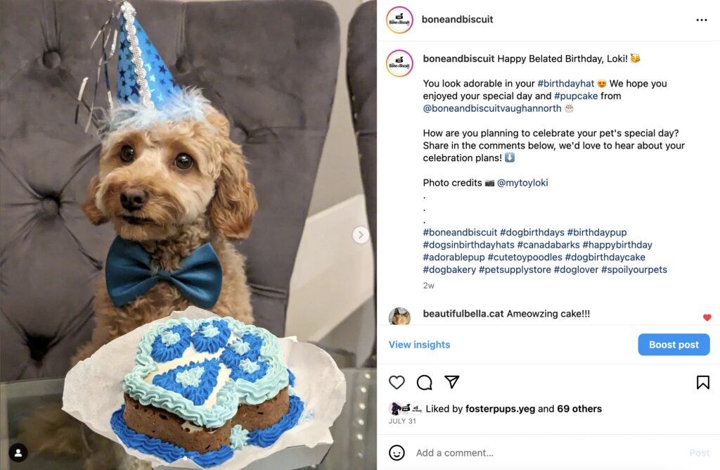 A screenshot of a Bone & Biscuit Instagram post sharing one of their pet store customer's cute pics of a toy poodle in a party hat for the dog's birthday enjoying dog birthday cake, a dog friendly cake.