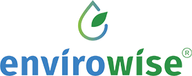The Envirowise Canada brand logo in blue and green, a Canadian company focused on making sustainable products, including water soluble shopping bags and biodegradable dog poop bags, now sold at Bone & Biscuit pet stores.