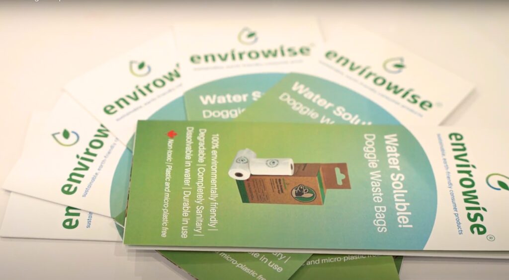 The Envirowise Solubag brochure about their sustainable, water soluble and fully biodegradable dog poop bags, with white, green and light blue colouring.