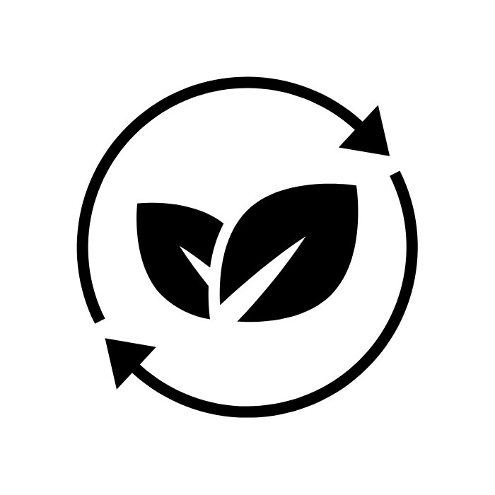 An icon of leafs in a circle of arrows to signify the renewable resources used to create the water soluble dog bags from Envirowise.