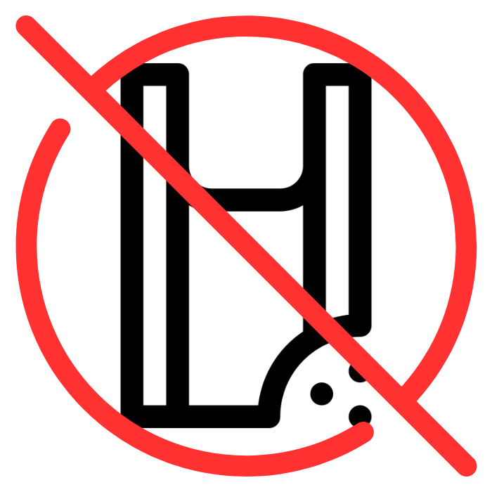 Zero microplastics icon in black and red with a black icon of a shopping bag and a red icon of a circle crossed out.