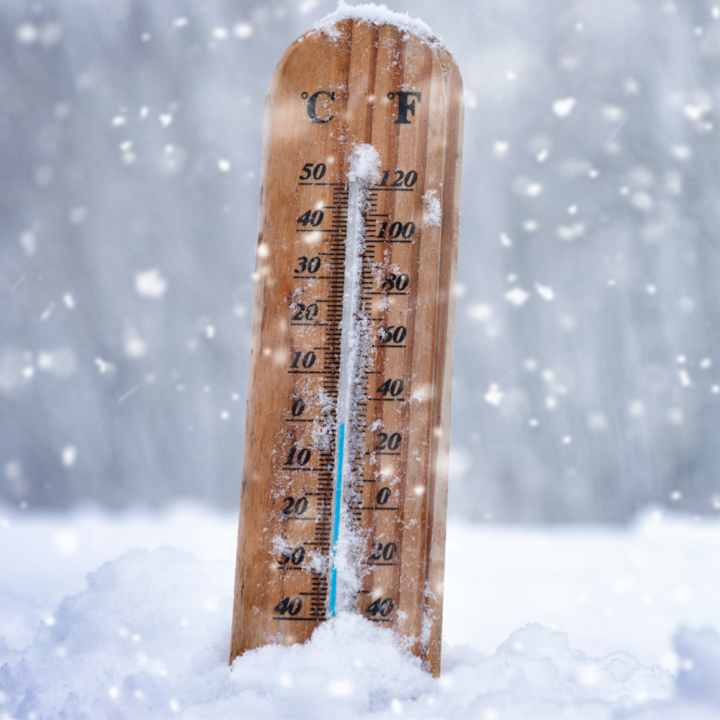 A temperature thermometer sits in the snow outside on a cold day.