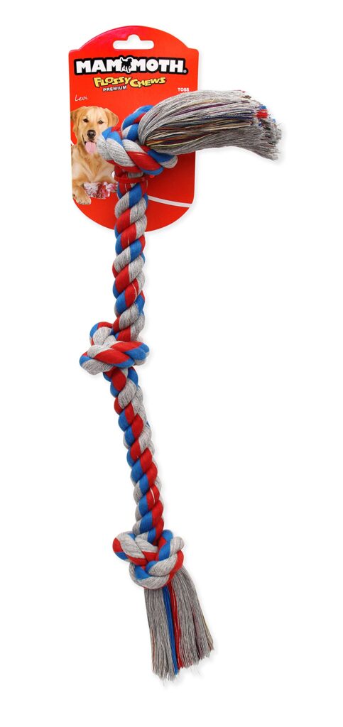 Mammoth Flossy Chews Rope in blue, silver and red.