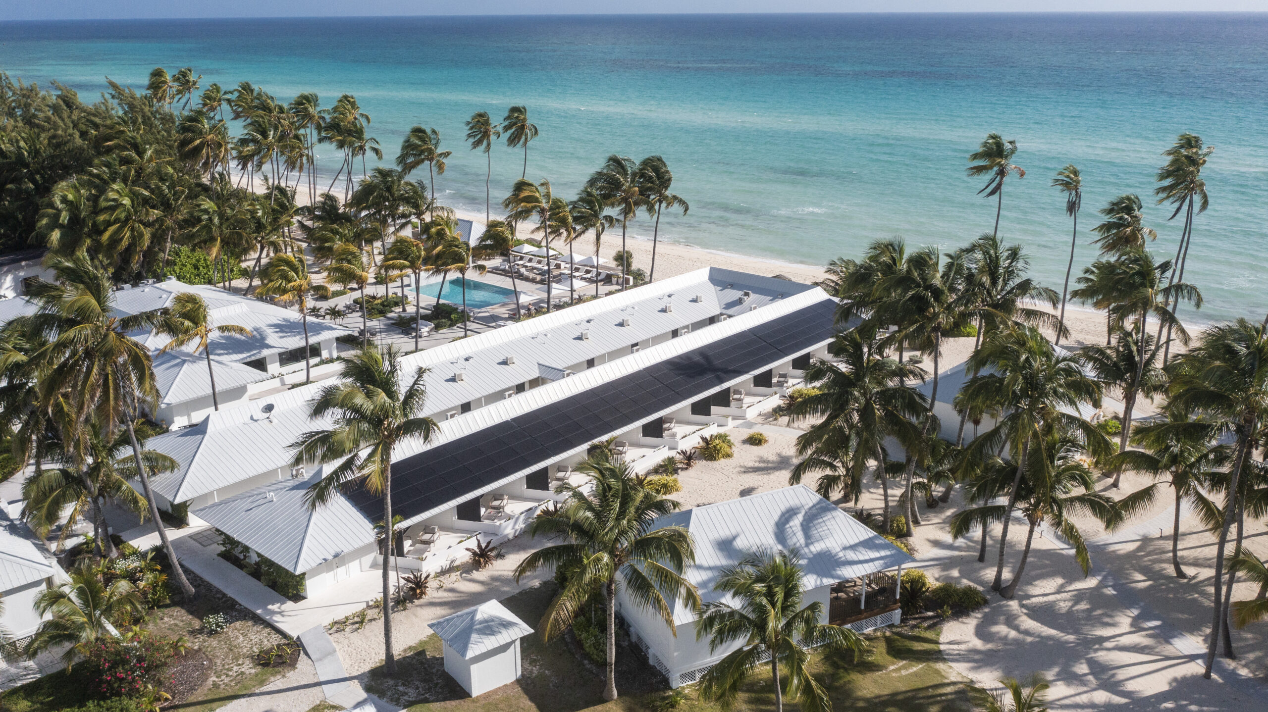 Aerial view of Caerula Mar Club on South Andros, Bahamas with white villas, palm trees, pool, and turquoise ocean under blue sky.