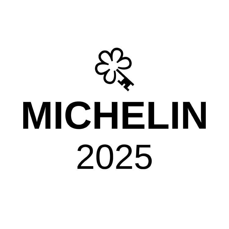 Black text on white reads "MICHELIN 2025" with flower icon and key, evoking Caerula Mar Club’s luxury Bahamas resort atmosphere.