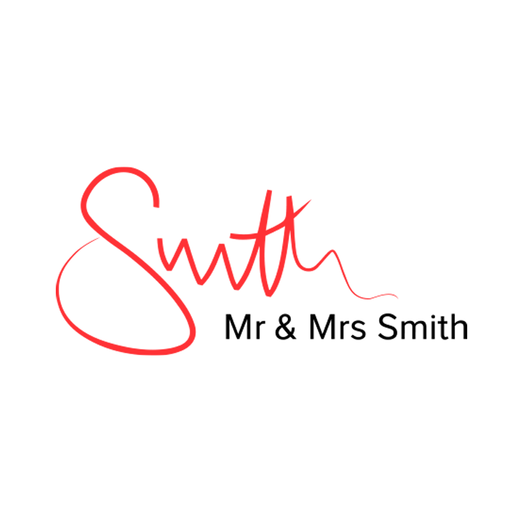 Elegant red "Smith" logo with "Mr & Mrs Smith" in black on light grey, reflecting Caerula Mar Club’s luxury Bahamas resort style.