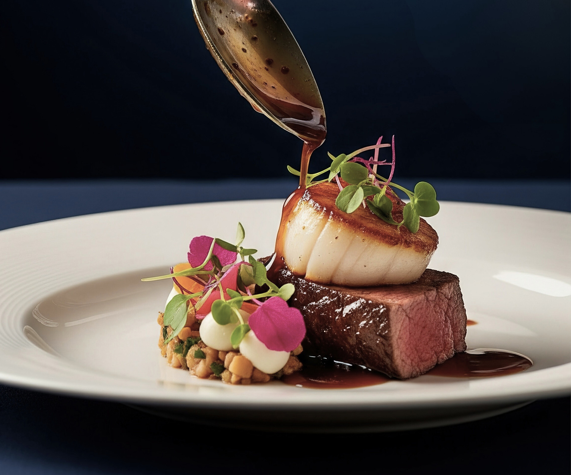 Seared scallop and steak with microgreens, sauce, and vegetables at Caerula Mar Club, a luxury resort in South Andros, Bahamas.
