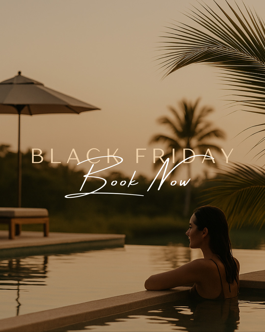 Woman relaxing in Caerula Mar Club’s outdoor pool at sunset with palm trees; text: Black Friday Book Now for your Caribbean resort.